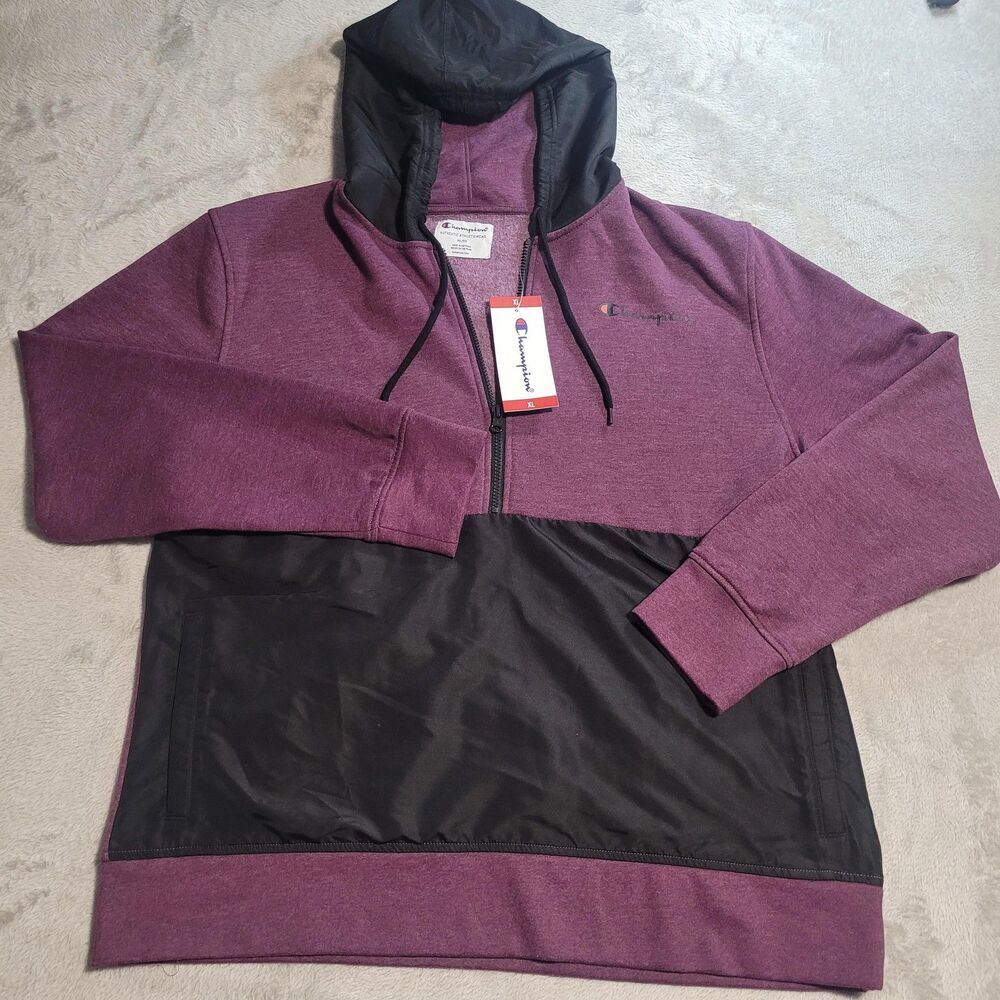 Champion Hoodie Mens XL Purple 1/4 Zip Plum Port Heather Logo Pockets Fleece